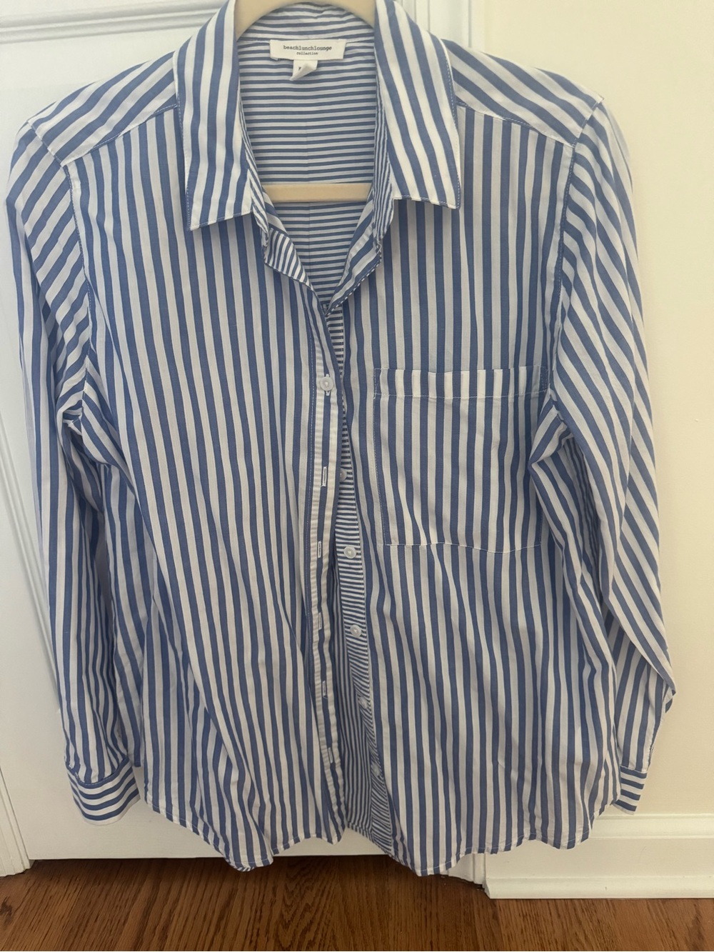 beachlunchlounge Blue and White Vertical Stripe Button-Up Blouse